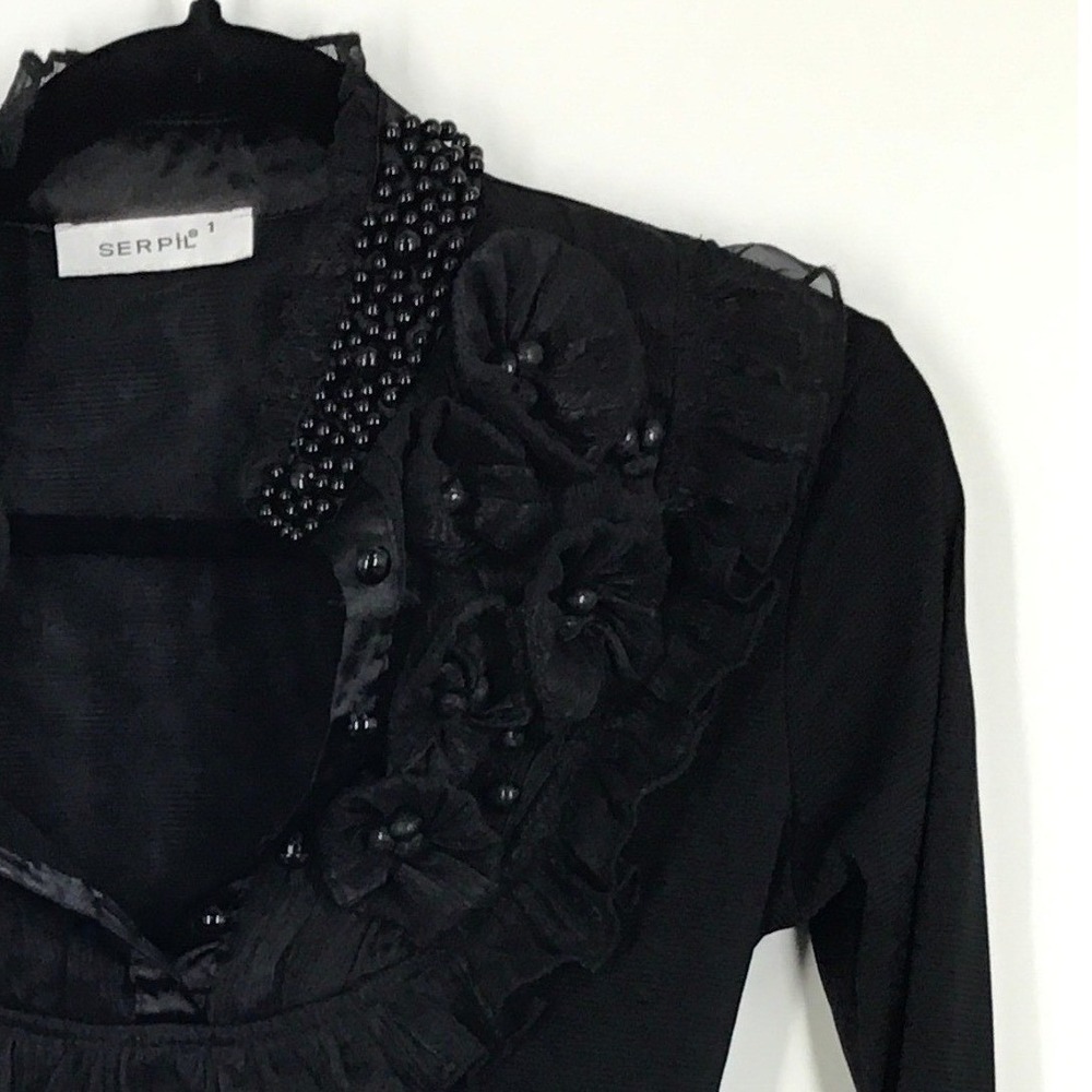 Romantic Black Embellished Blouse Beaded‎ Ruffle Collar Floral Applique S